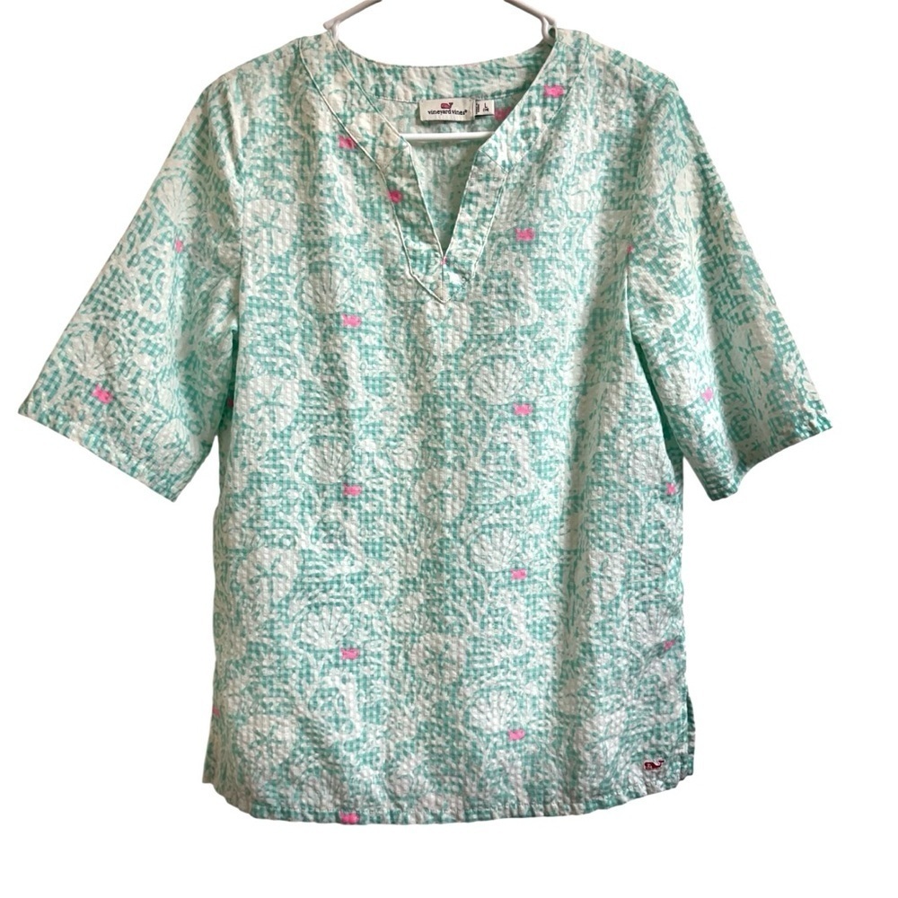 Vineyard Vines Girls Size L (14) Fish Print Seersucker 3/4 Sleeve Tunic Top